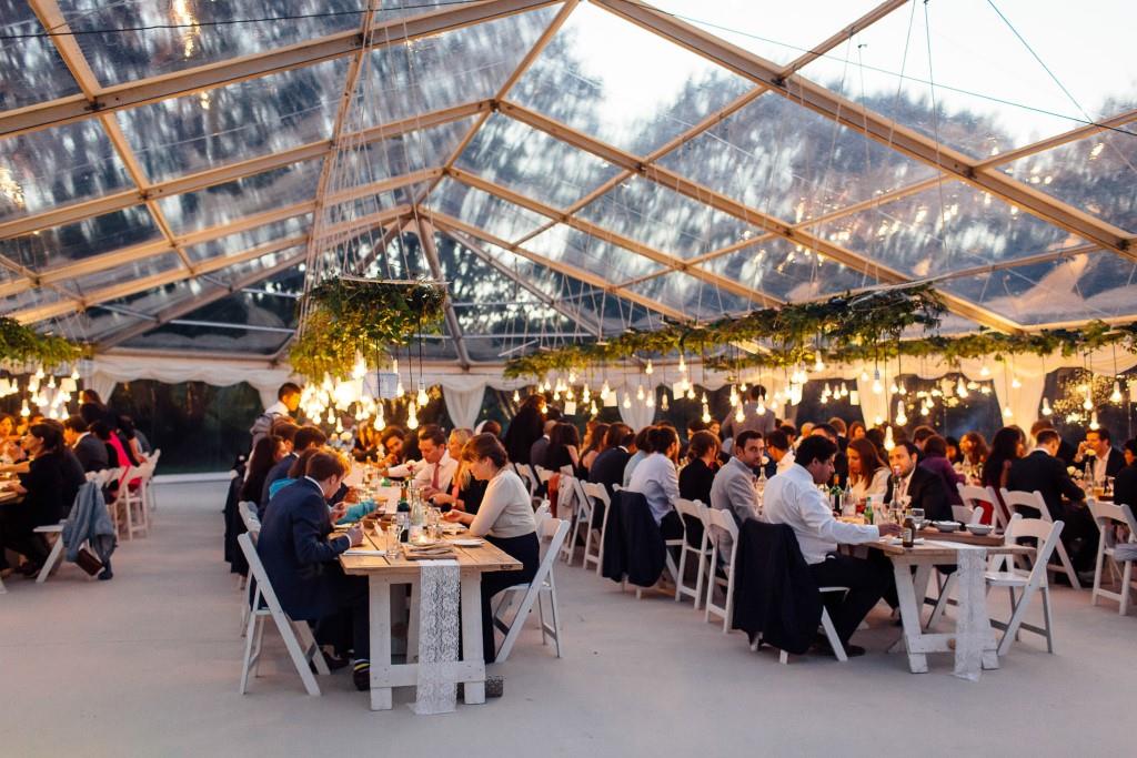 Clear Roof Wedding Marquee, hanging foliage, wedding style